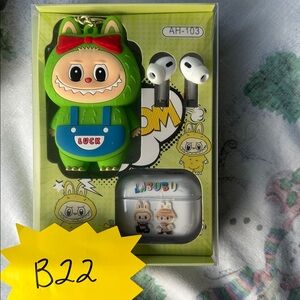 B22,NWOT AH-103 Green Cartoon Character Keychain, Earbud Case with Earbuds